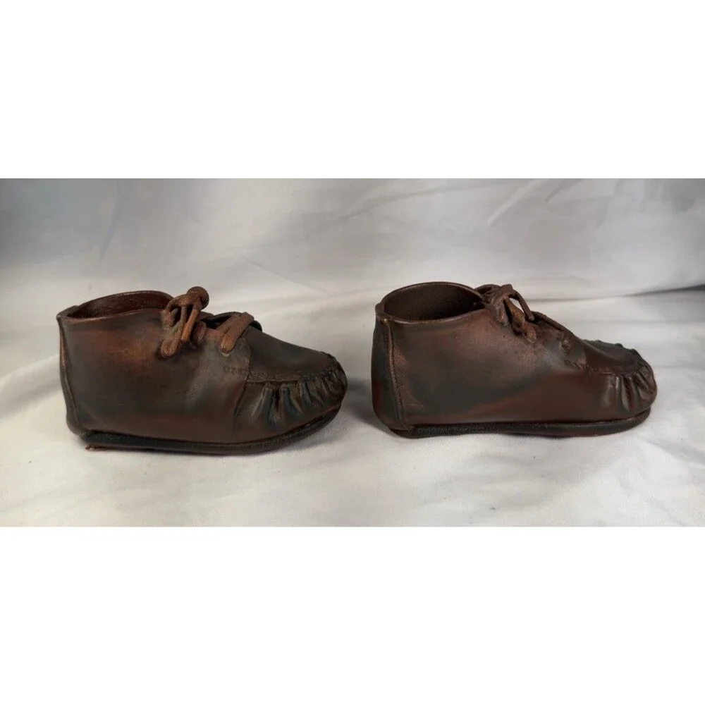 Antique Leather Baby Moccasins Vintage Infant Soft Toe Stitched Booties 4.5